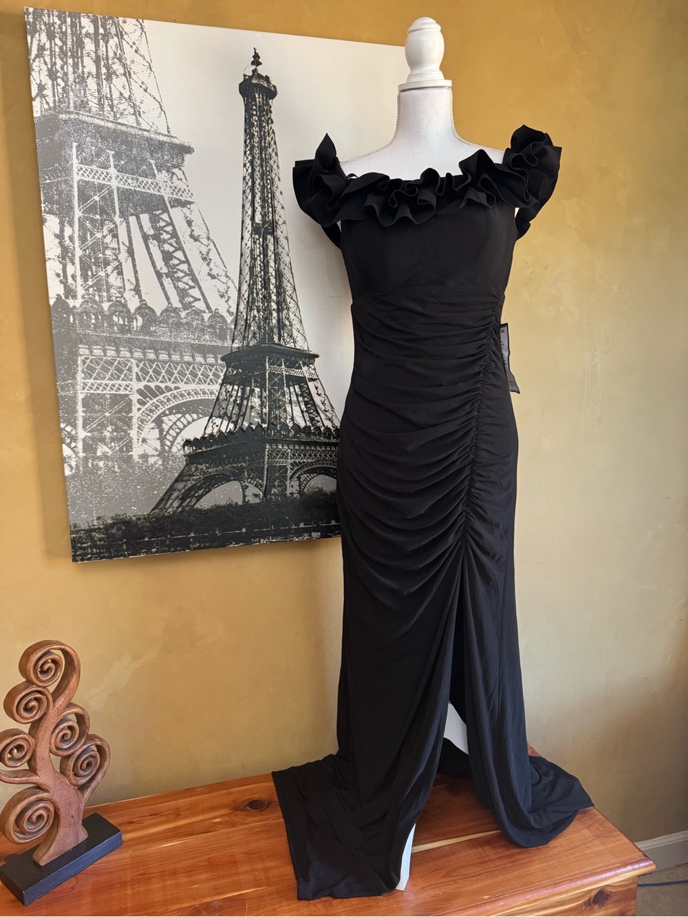 Xscape Black Ruffled Off-Shoulder Ruched Maxi Dress New with tags